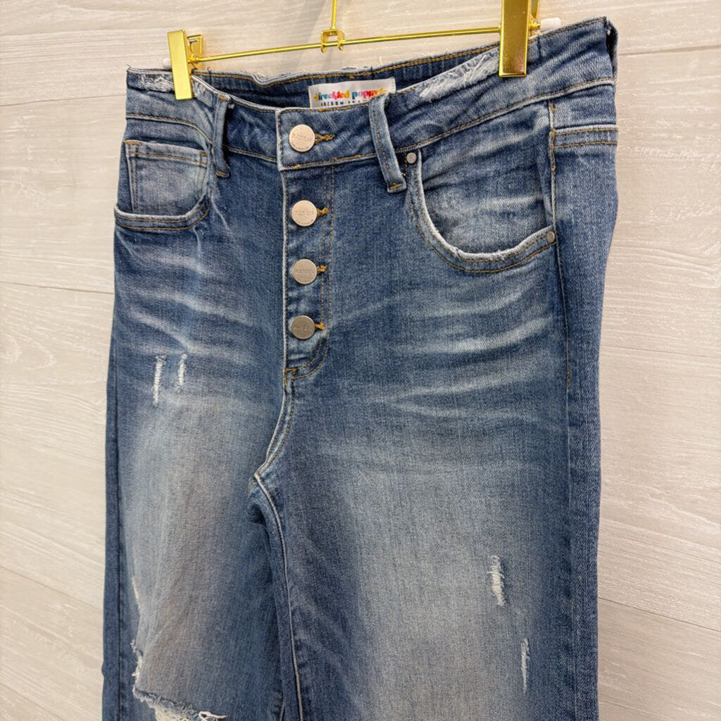 Freckled Poppy Medium Wash Distressed Wide Leg Jeans 30