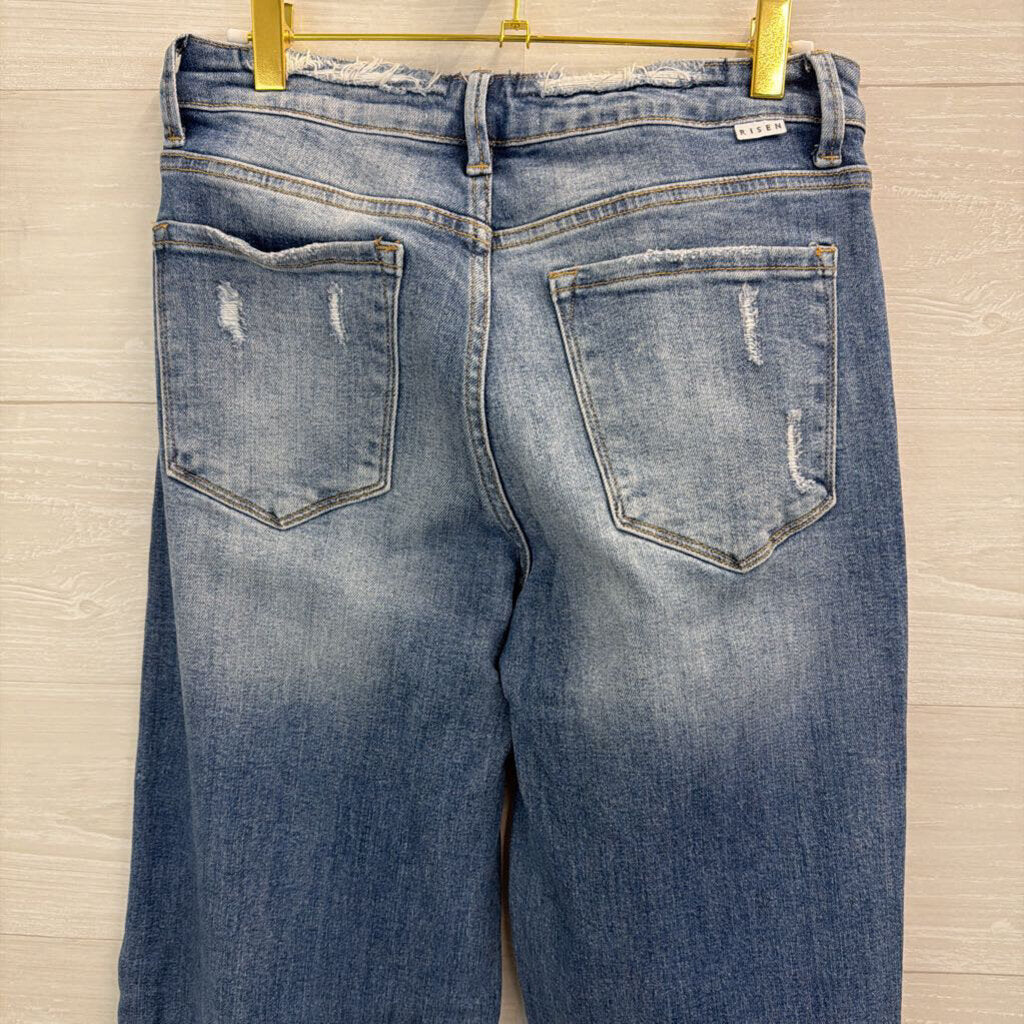 Freckled Poppy Medium Wash Distressed Wide Leg Jeans 30