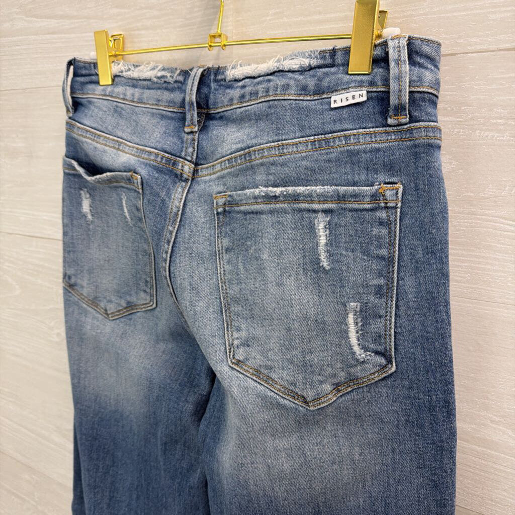 Freckled Poppy Medium Wash Distressed Wide Leg Jeans 30