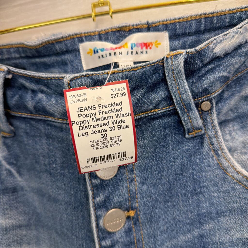 Freckled Poppy Medium Wash Distressed Wide Leg Jeans 30