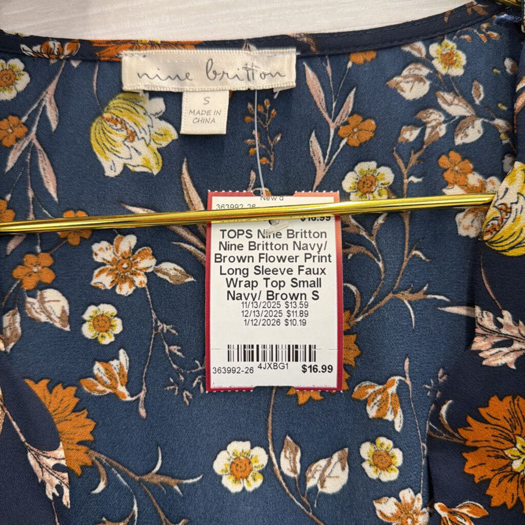 Nine Britton Navy/ Brown Flower Print Long Sleeve Faux Wrap Top Small