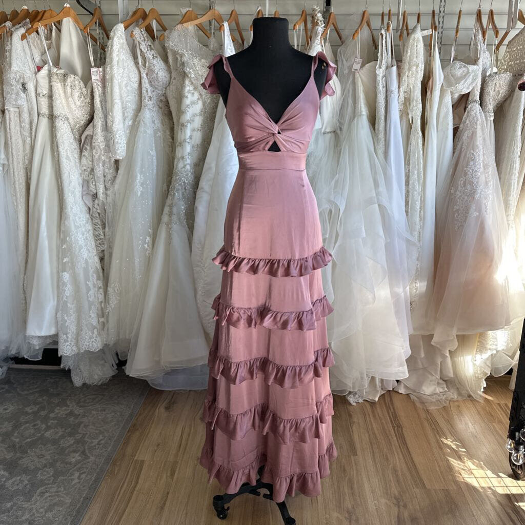 Altar'd State Pink Silky Ruffle Hem Long Formal Dress Large