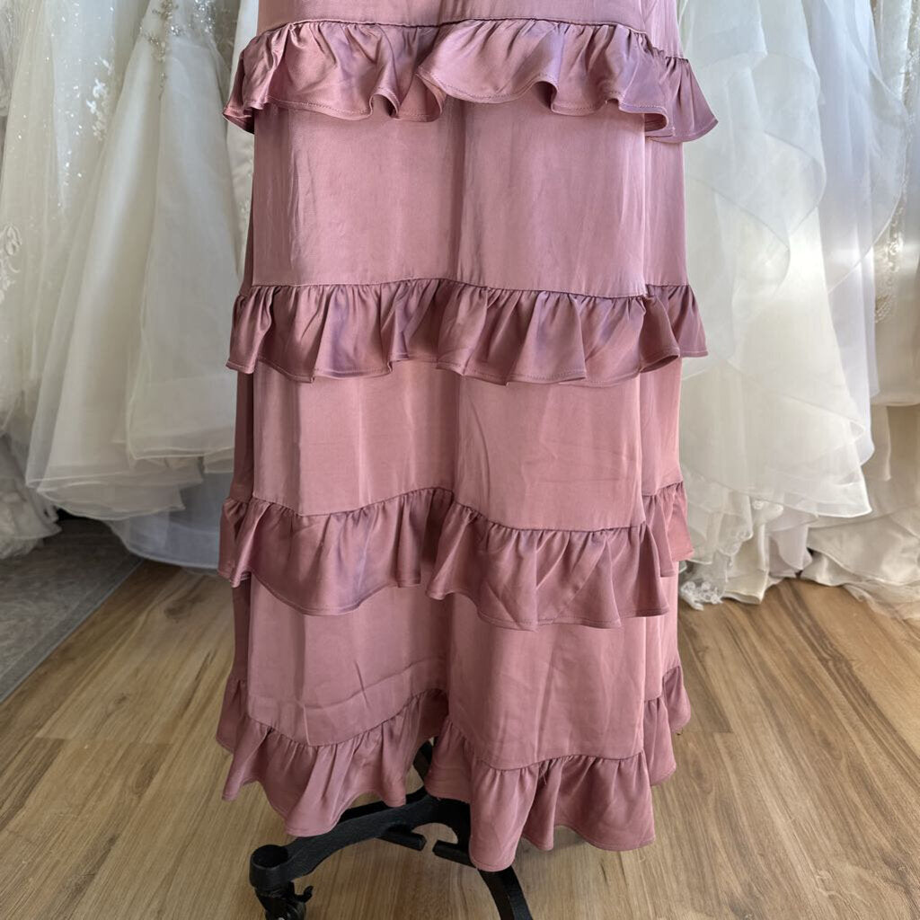 Altar'd State Pink Silky Ruffle Hem Long Formal Dress Large