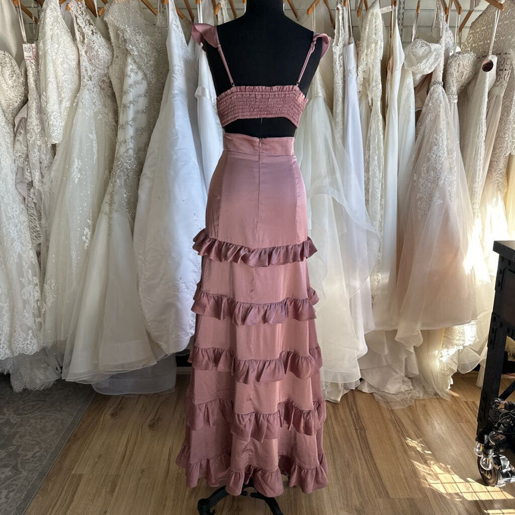 Altar'd State Pink Silky Ruffle Hem Long Formal Dress Large