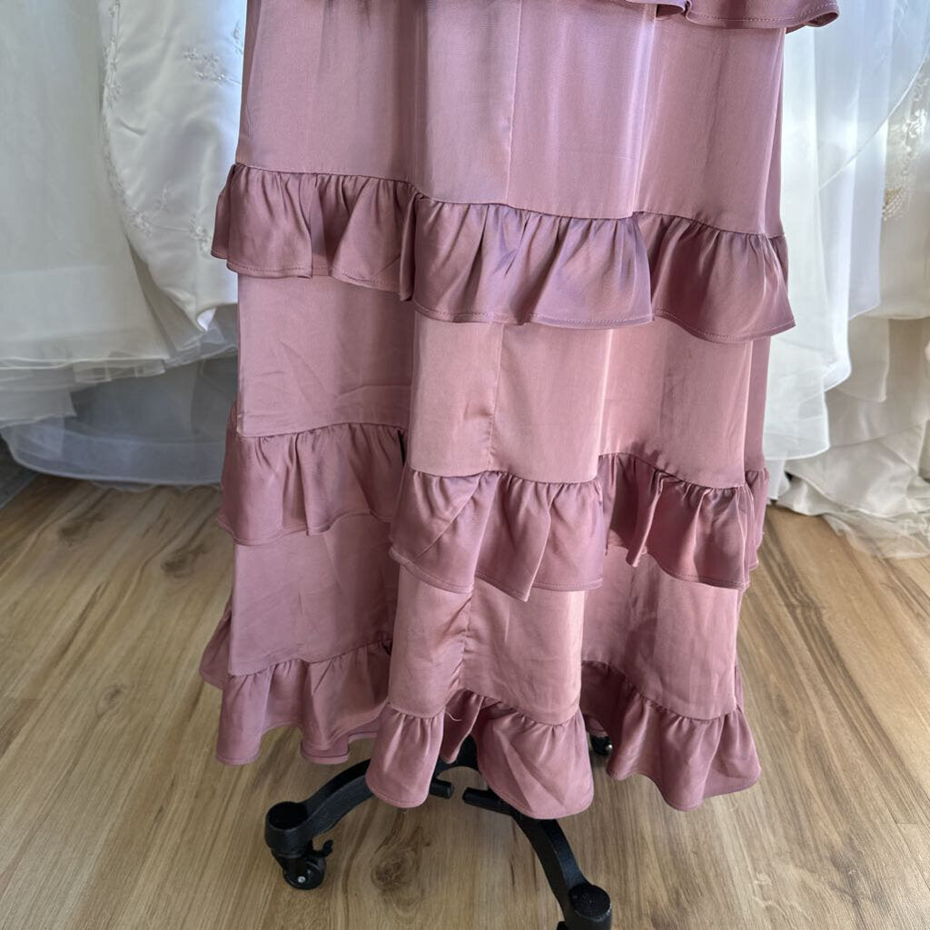 Altar'd State Pink Silky Ruffle Hem Long Formal Dress Large