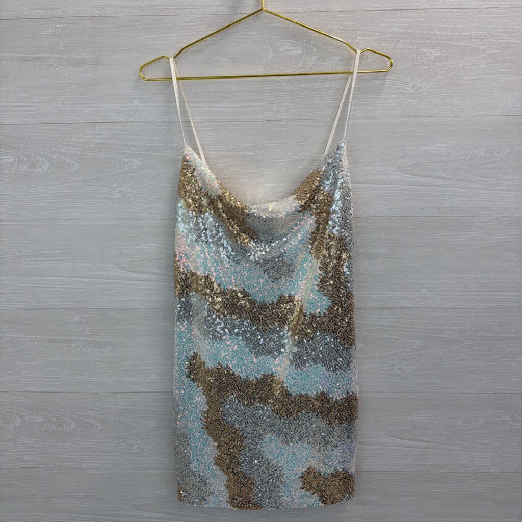 Gold/ White/ Silver Sequin Print Short Formal Dress Medium