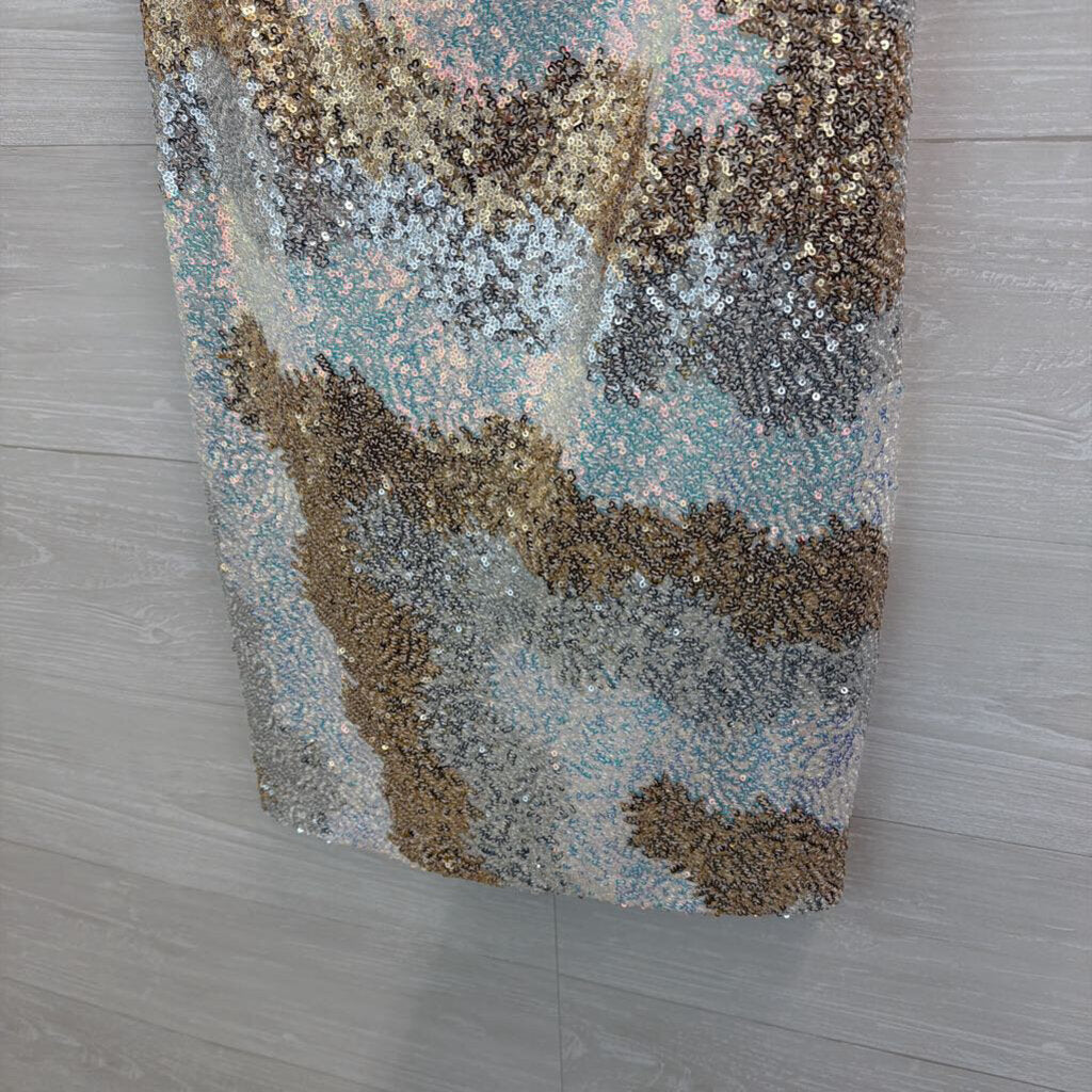 Gold/ White/ Silver Sequin Print Short Formal Dress Medium