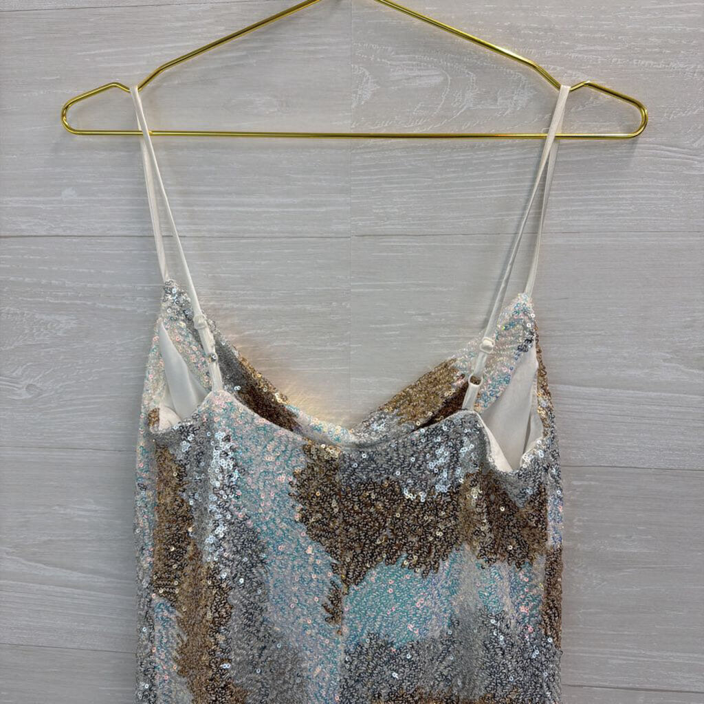 Gold/ White/ Silver Sequin Print Short Formal Dress Medium