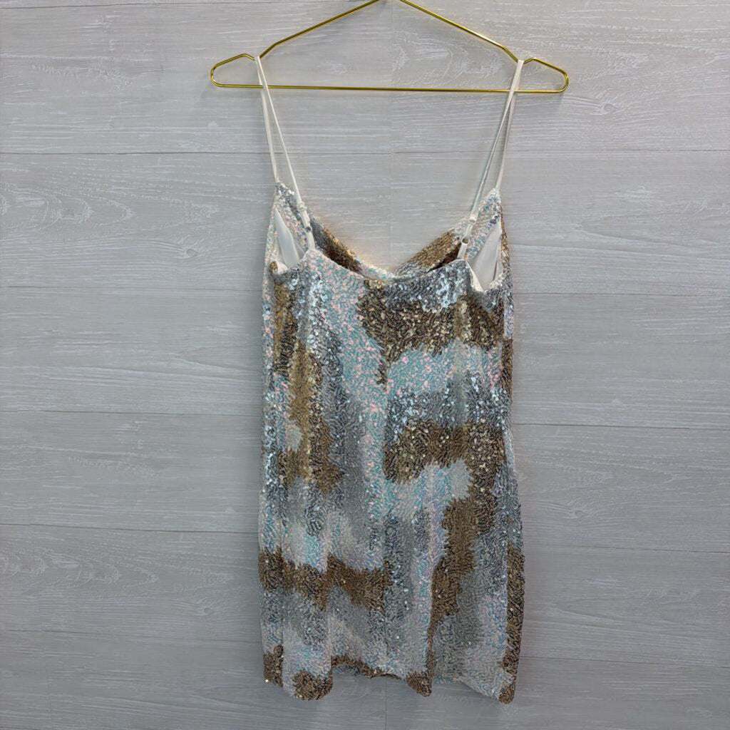 Gold/ White/ Silver Sequin Print Short Formal Dress Medium