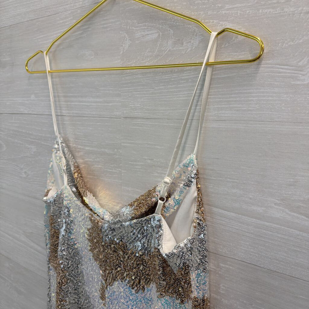Gold/ White/ Silver Sequin Print Short Formal Dress Medium