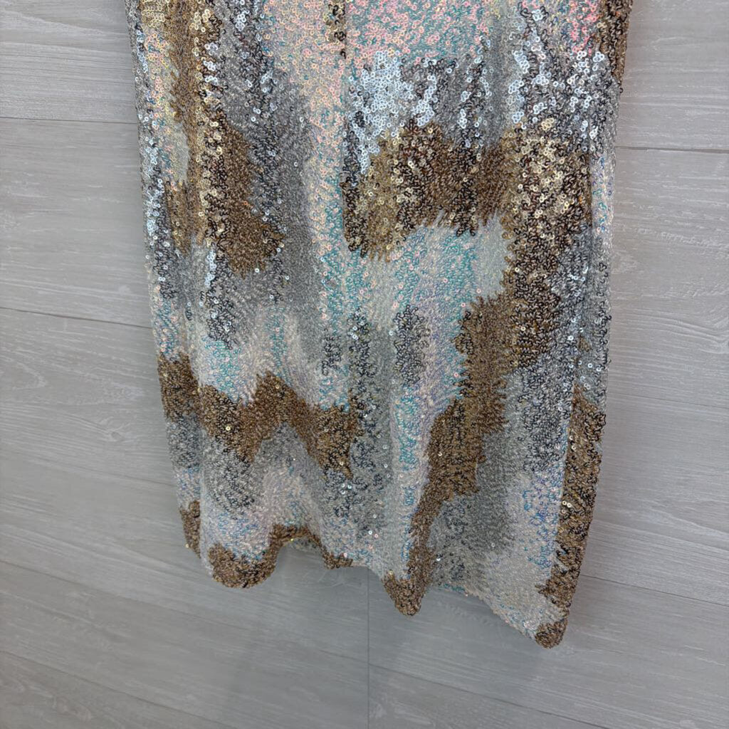 Gold/ White/ Silver Sequin Print Short Formal Dress Medium