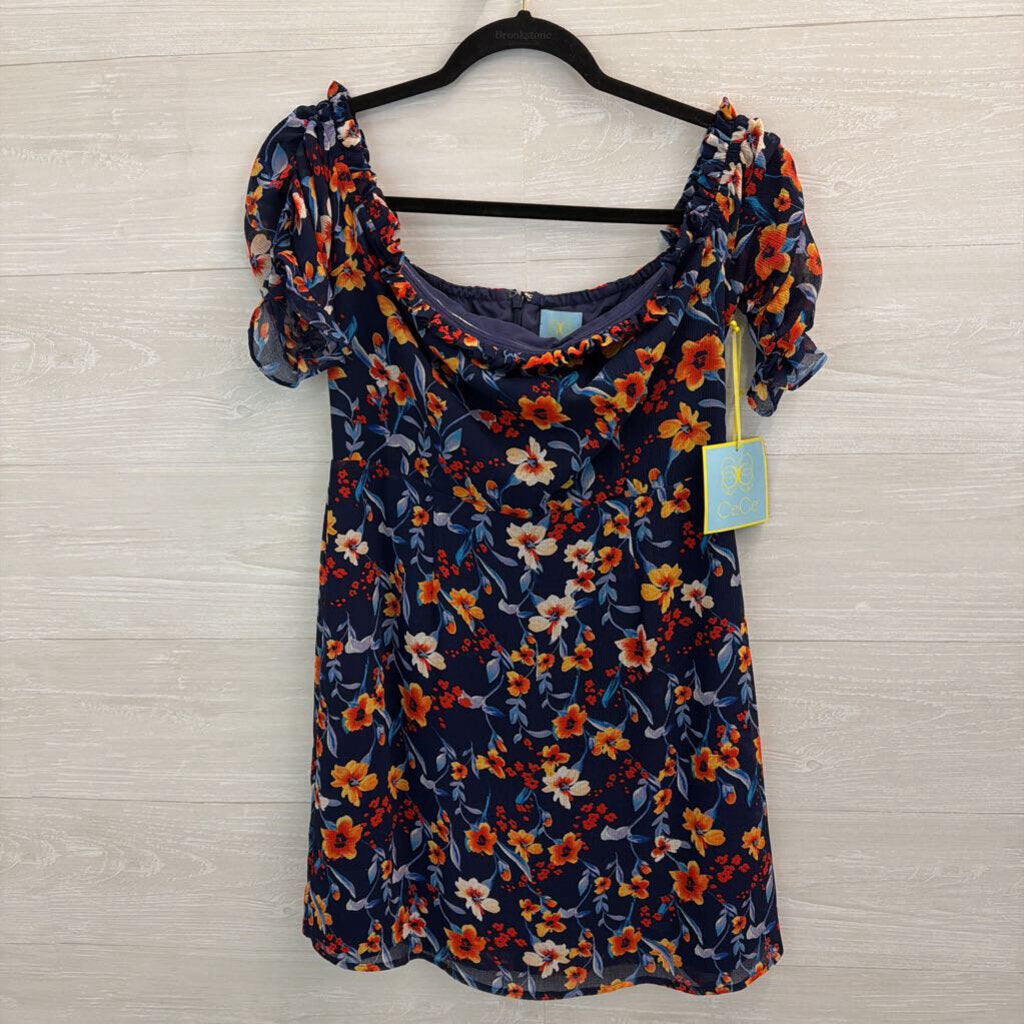 CeCe Blue/ Orange Flower Print Short Puff Sleeve Dress 4