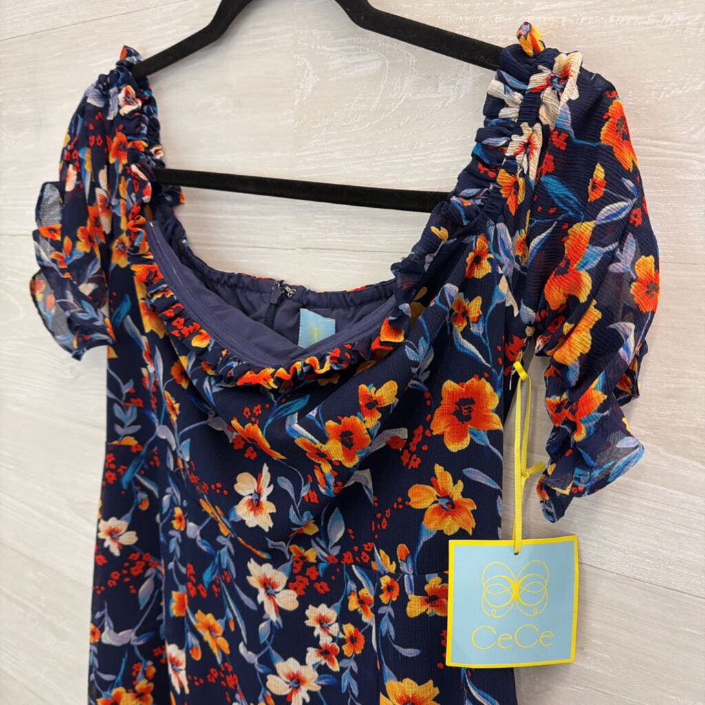 CeCe Blue/ Orange Flower Print Short Puff Sleeve Dress 4