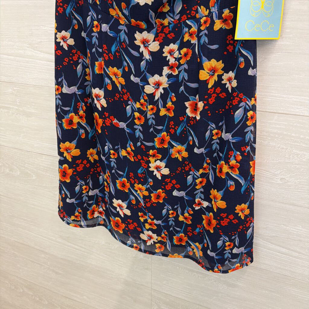 CeCe Blue/ Orange Flower Print Short Puff Sleeve Dress 4