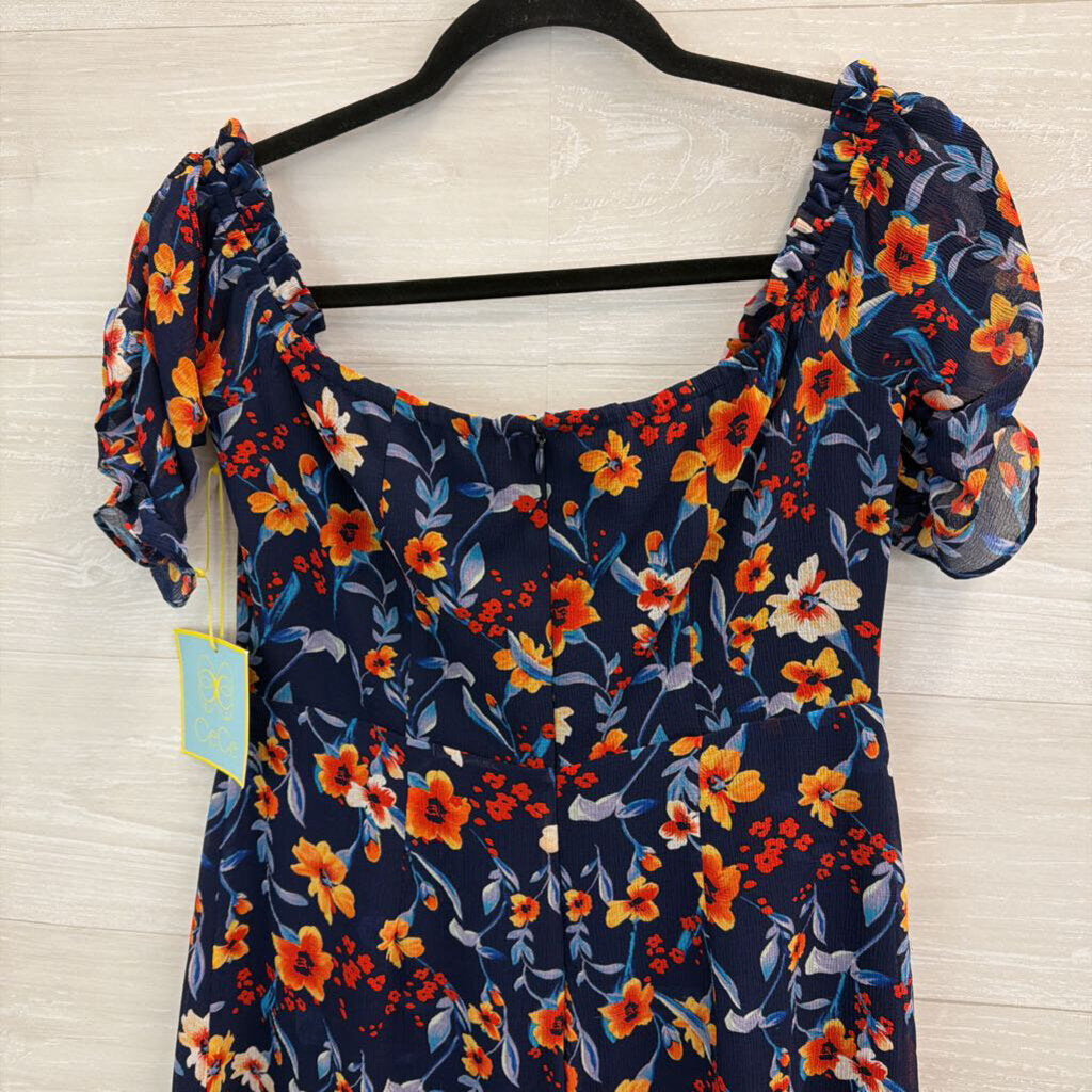 CeCe Blue/ Orange Flower Print Short Puff Sleeve Dress 4
