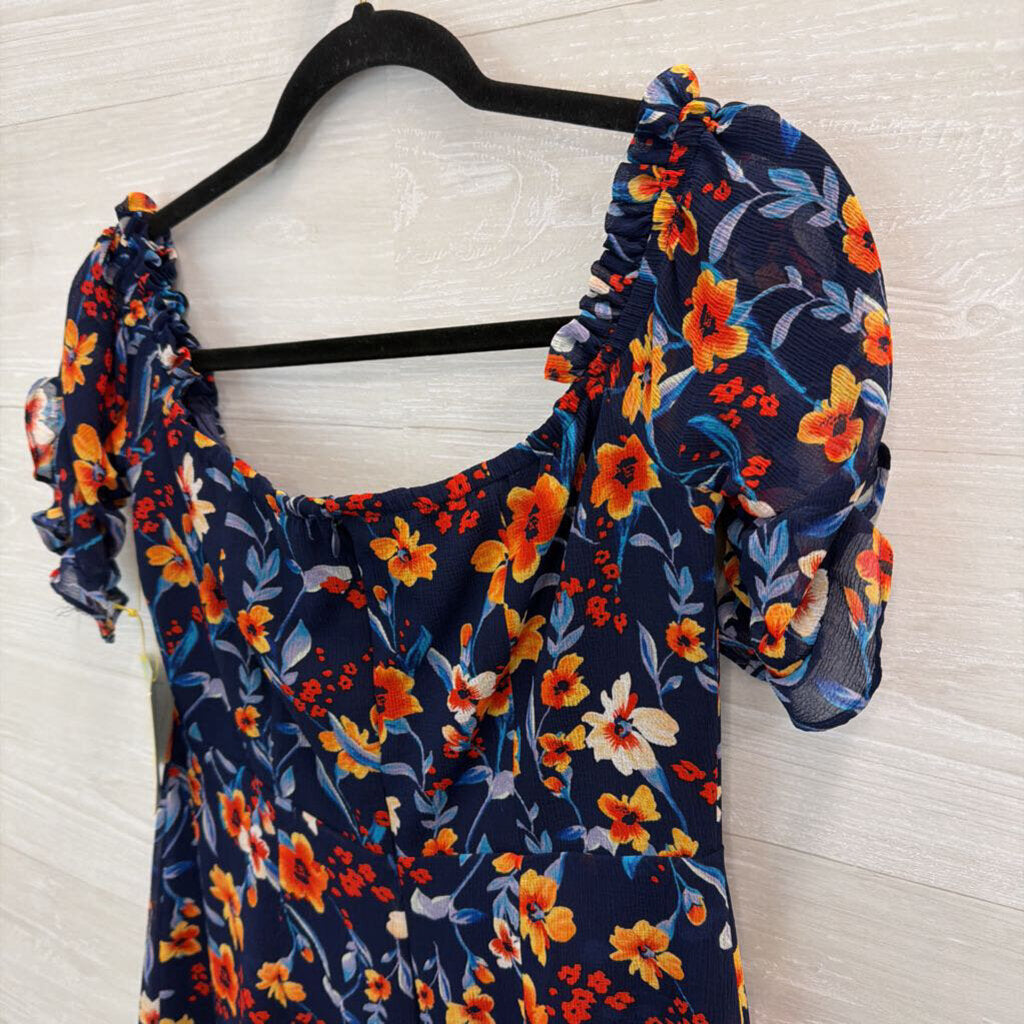 CeCe Blue/ Orange Flower Print Short Puff Sleeve Dress 4