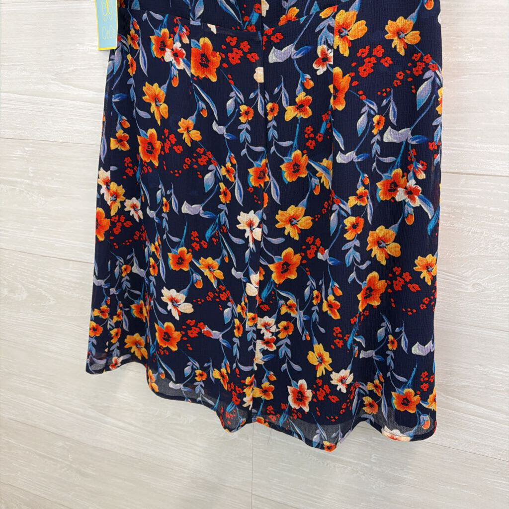 CeCe Blue/ Orange Flower Print Short Puff Sleeve Dress 4