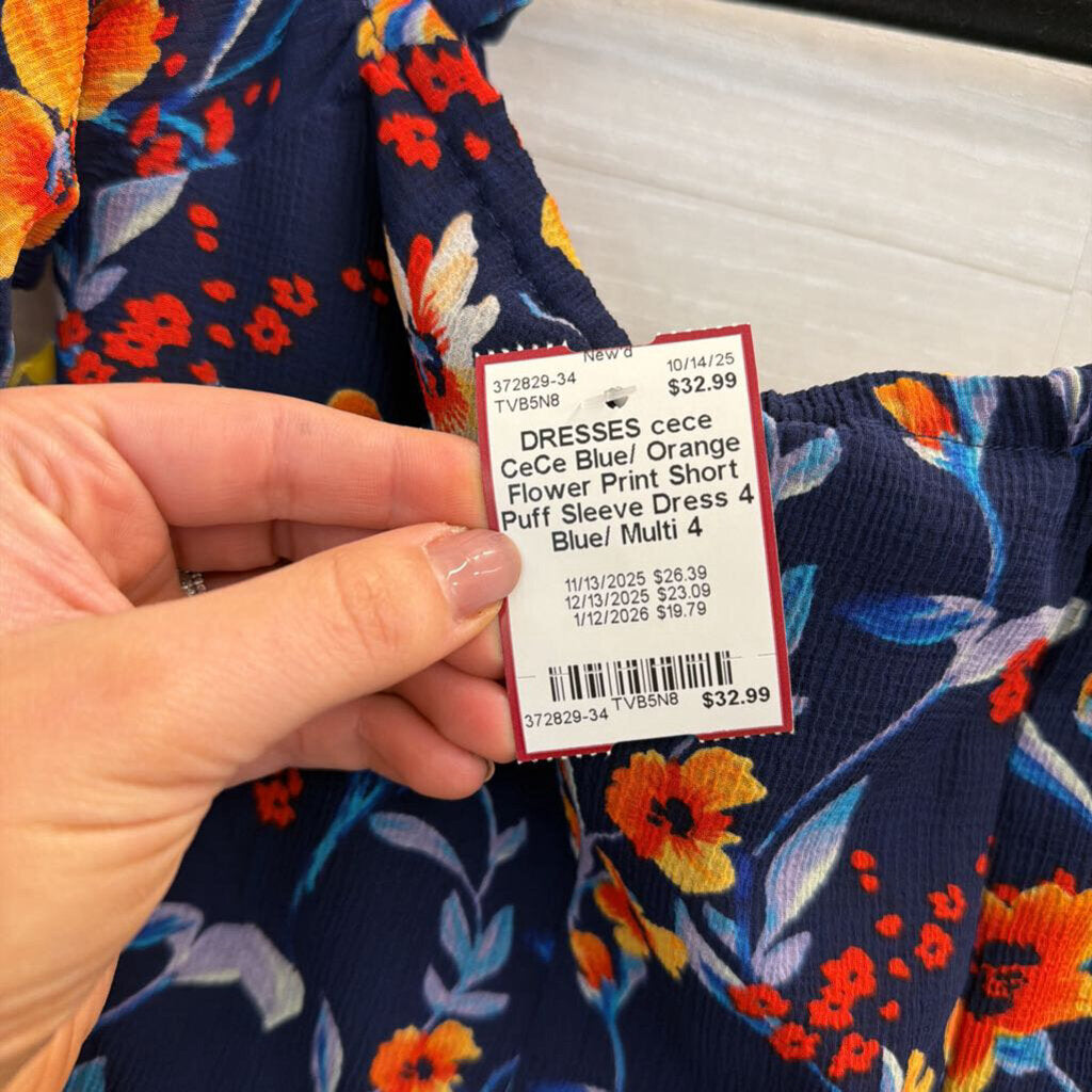 CeCe Blue/ Orange Flower Print Short Puff Sleeve Dress 4