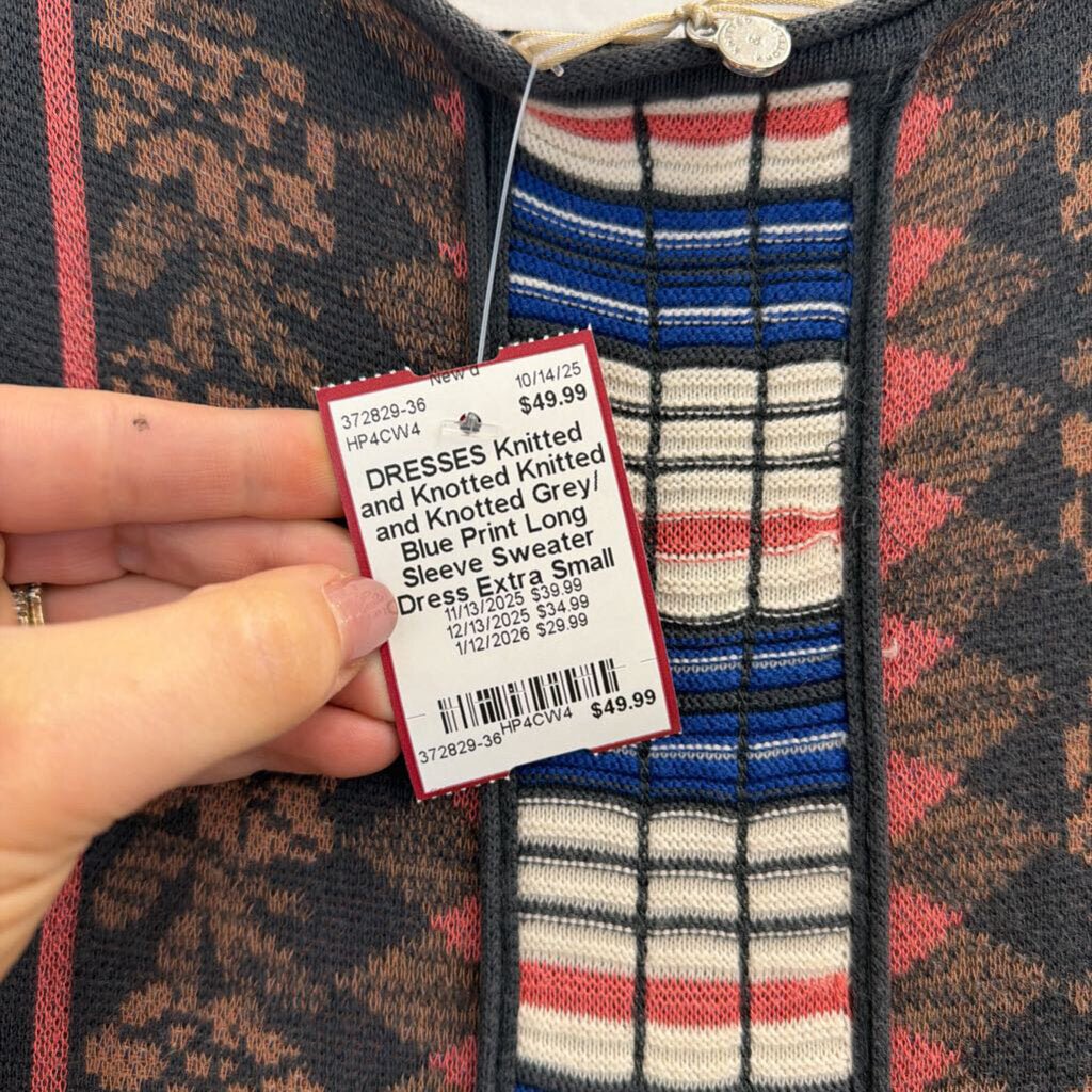 Knitted and Knotted Grey/ Blue Print Long Sleeve Sweater Dress Extra Small