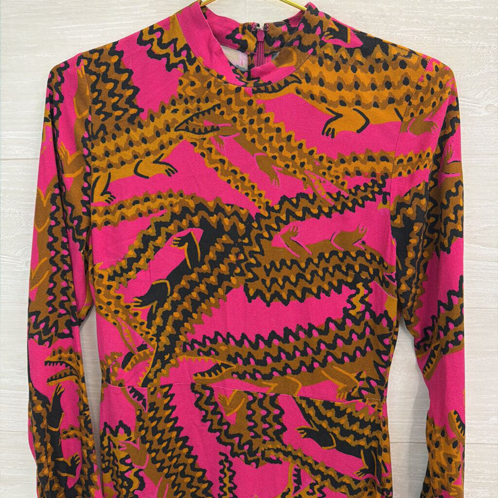 Farm Rio Pink/ Brown Animal Print Long Sleeve Dress Small