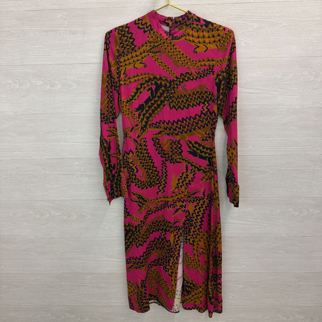 Farm Rio Pink/ Brown Animal Print Long Sleeve Dress Small
