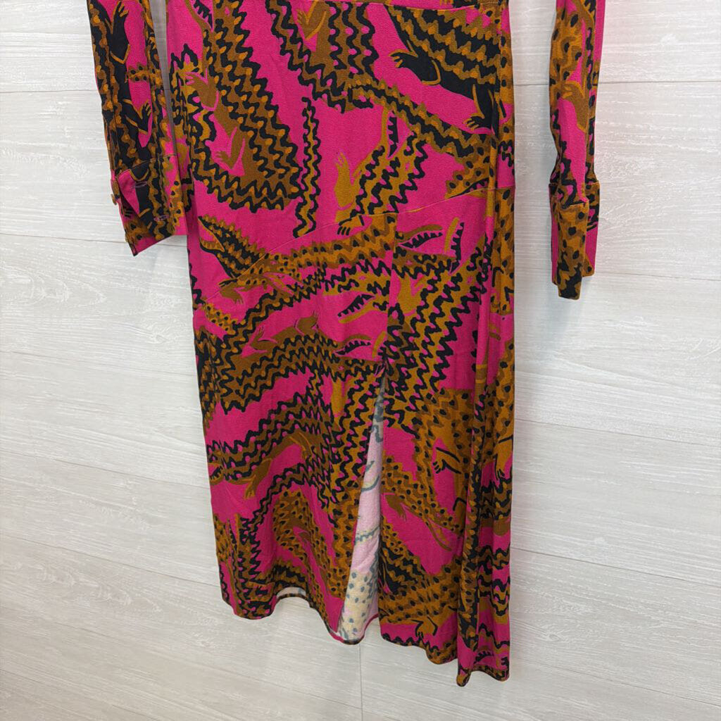 Farm Rio Pink/ Brown Animal Print Long Sleeve Dress Small