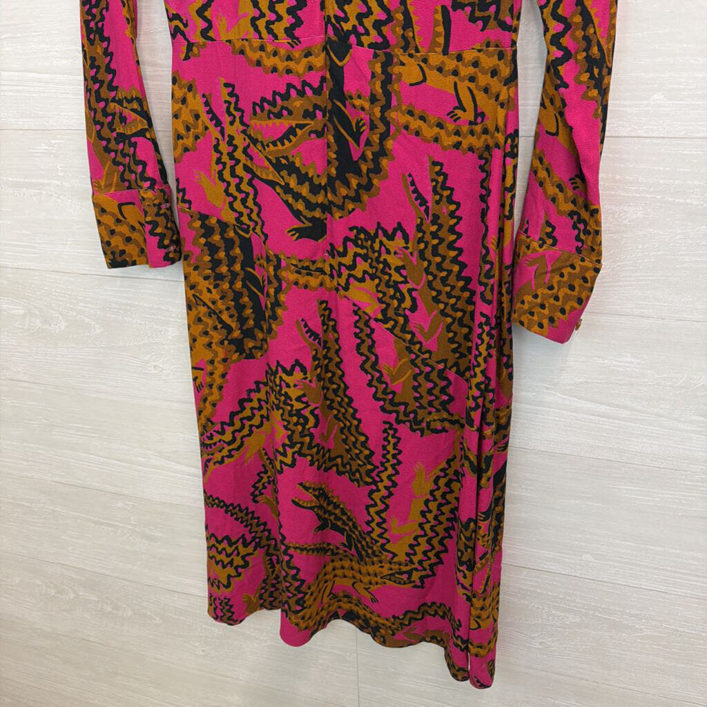 Farm Rio Pink/ Brown Animal Print Long Sleeve Dress Small