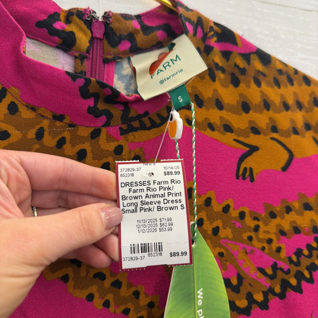 Farm Rio Pink/ Brown Animal Print Long Sleeve Dress Small