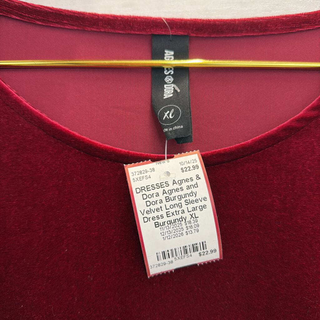 Agnes and Dora Burgundy Velvet Long Sleeve Dress Extra Large