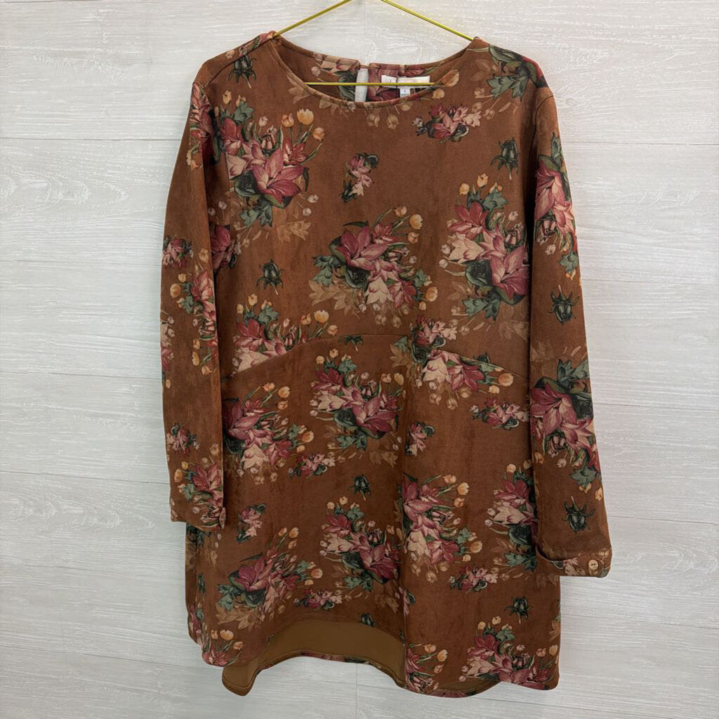 Brave and True Brown Suede Flower Print Long Sleeve Dress Large