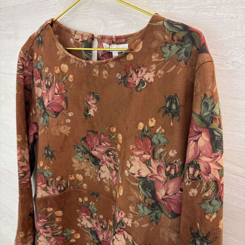 Brave and True Brown Suede Flower Print Long Sleeve Dress Large