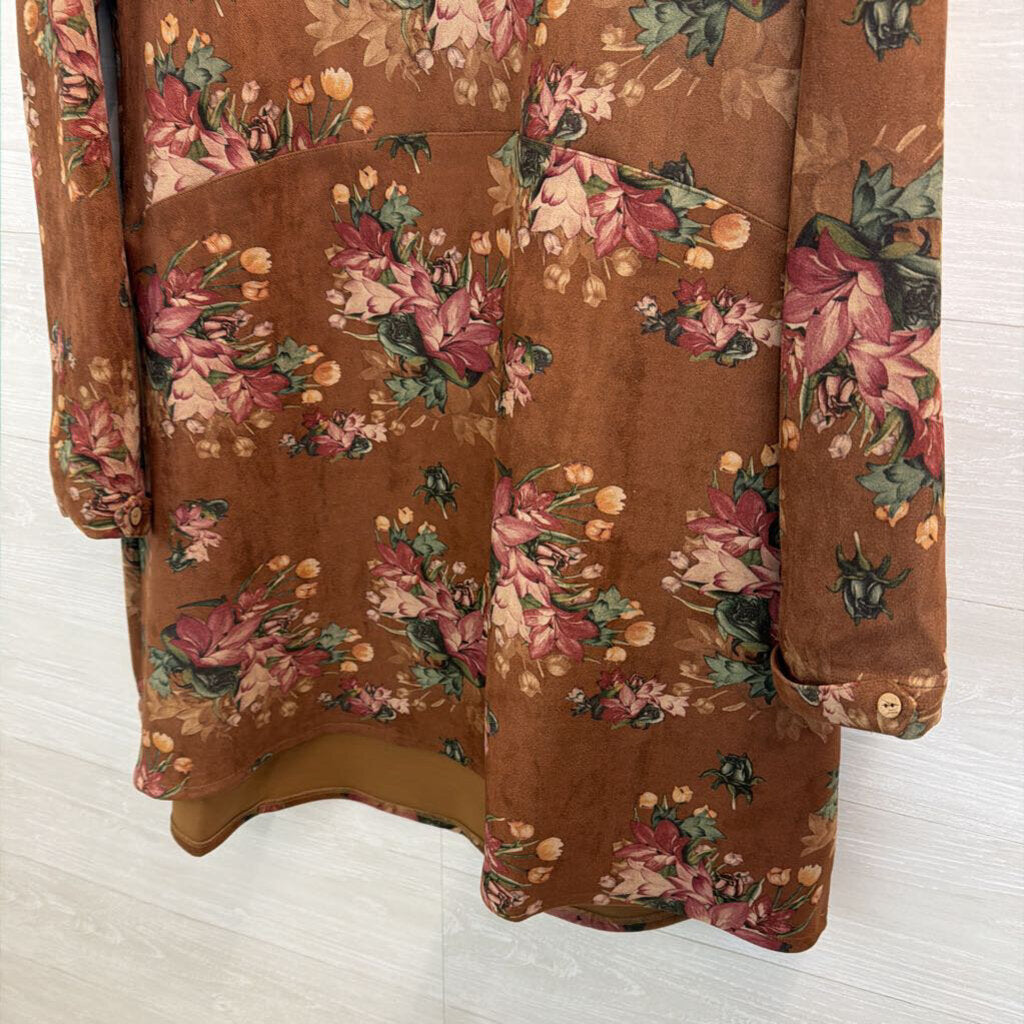 Brave and True Brown Suede Flower Print Long Sleeve Dress Large