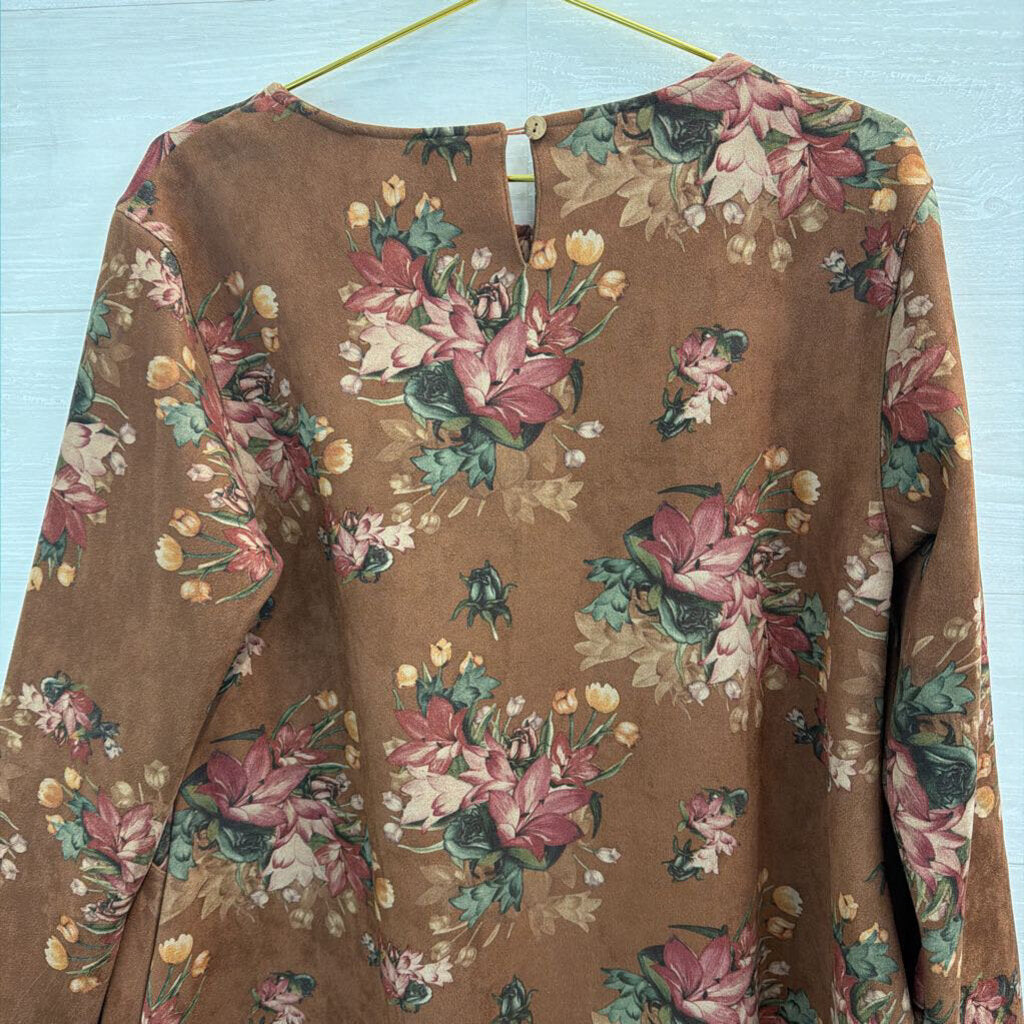 Brave and True Brown Suede Flower Print Long Sleeve Dress Large