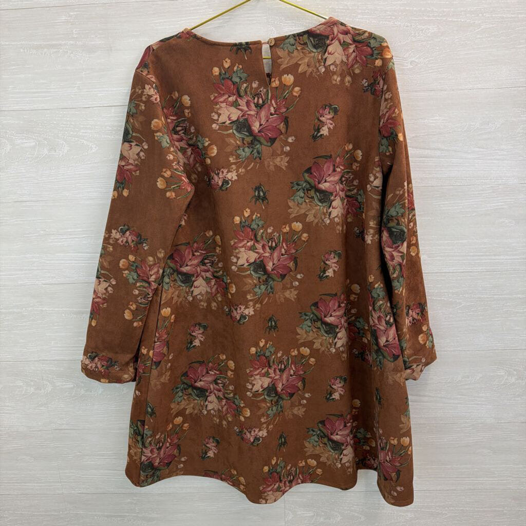 Brave and True Brown Suede Flower Print Long Sleeve Dress Large