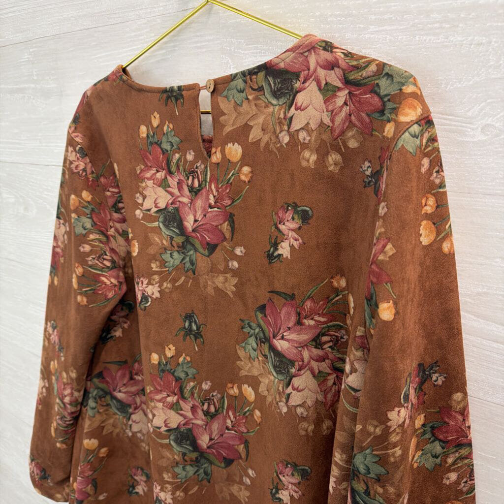 Brave and True Brown Suede Flower Print Long Sleeve Dress Large