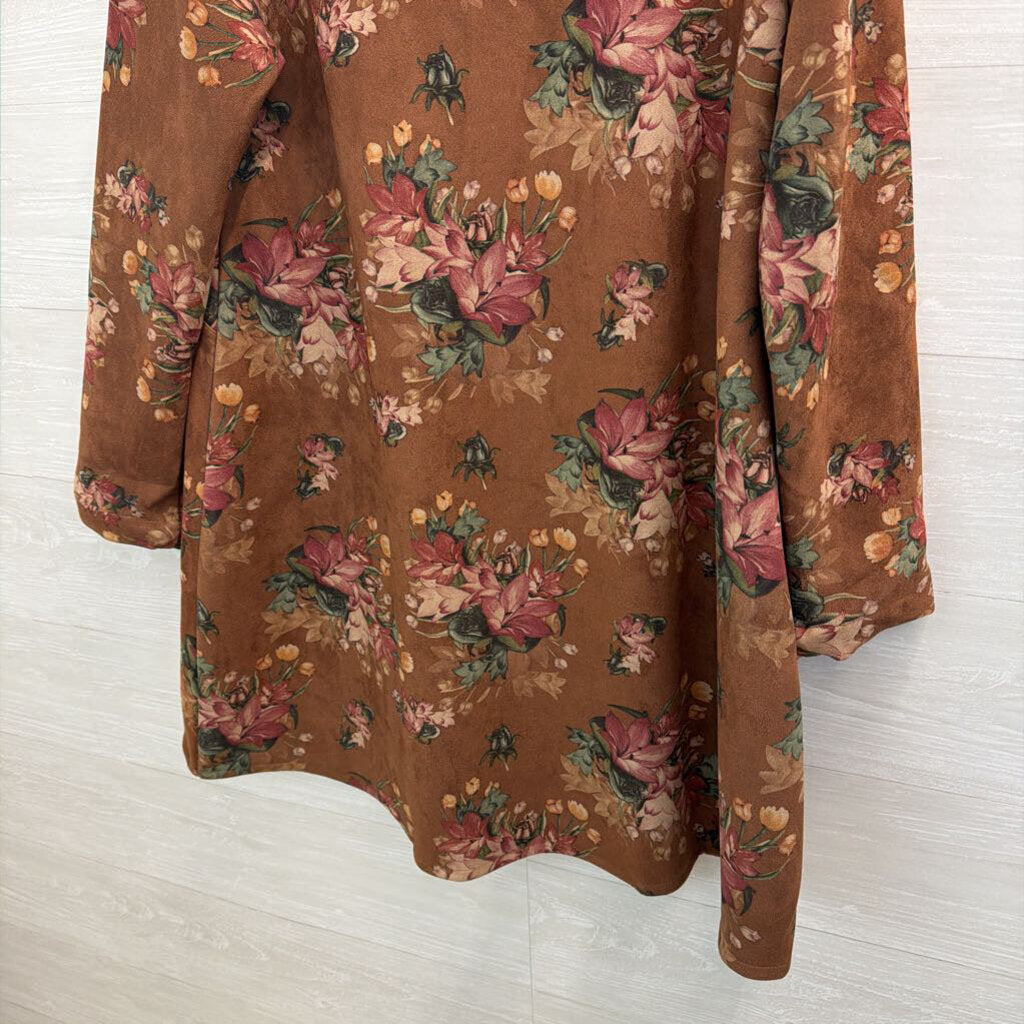 Brave and True Brown Suede Flower Print Long Sleeve Dress Large