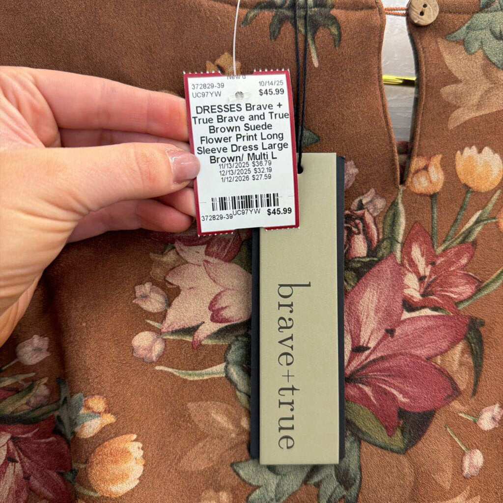 Brave and True Brown Suede Flower Print Long Sleeve Dress Large