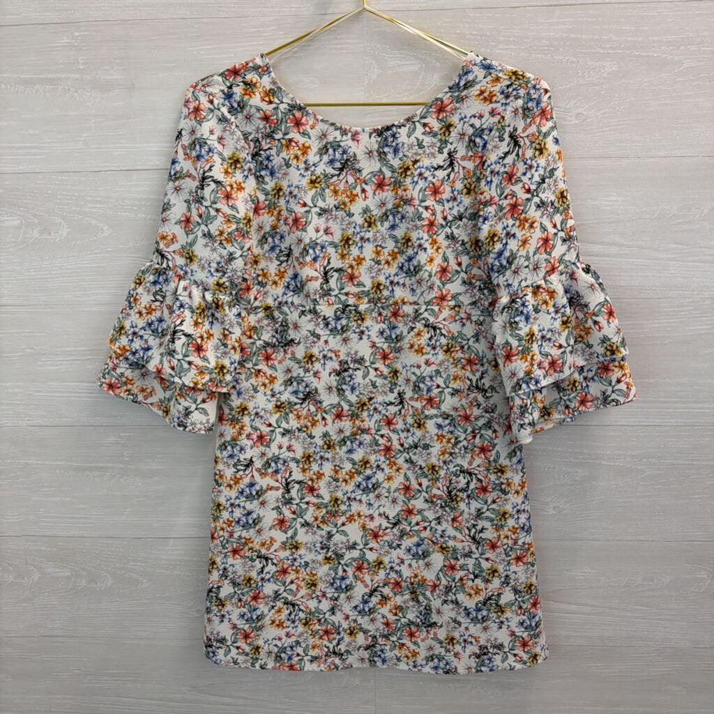 Zara White/ Multi Flower Print Bell Sleeve Dress Extra Small