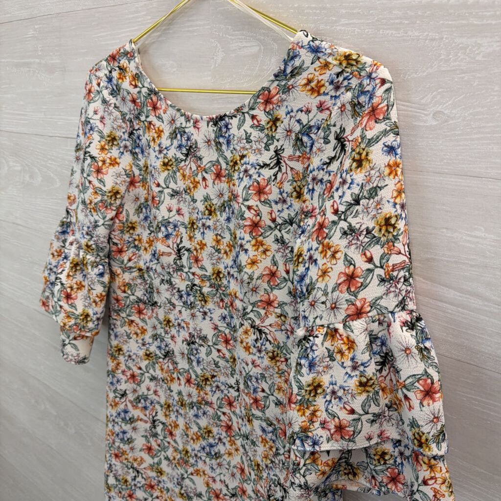 Zara White/ Multi Flower Print Bell Sleeve Dress Extra Small