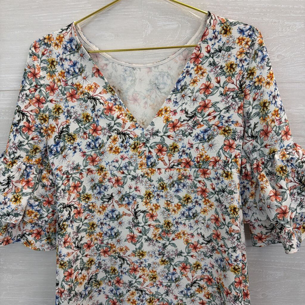 Zara White/ Multi Flower Print Bell Sleeve Dress Extra Small