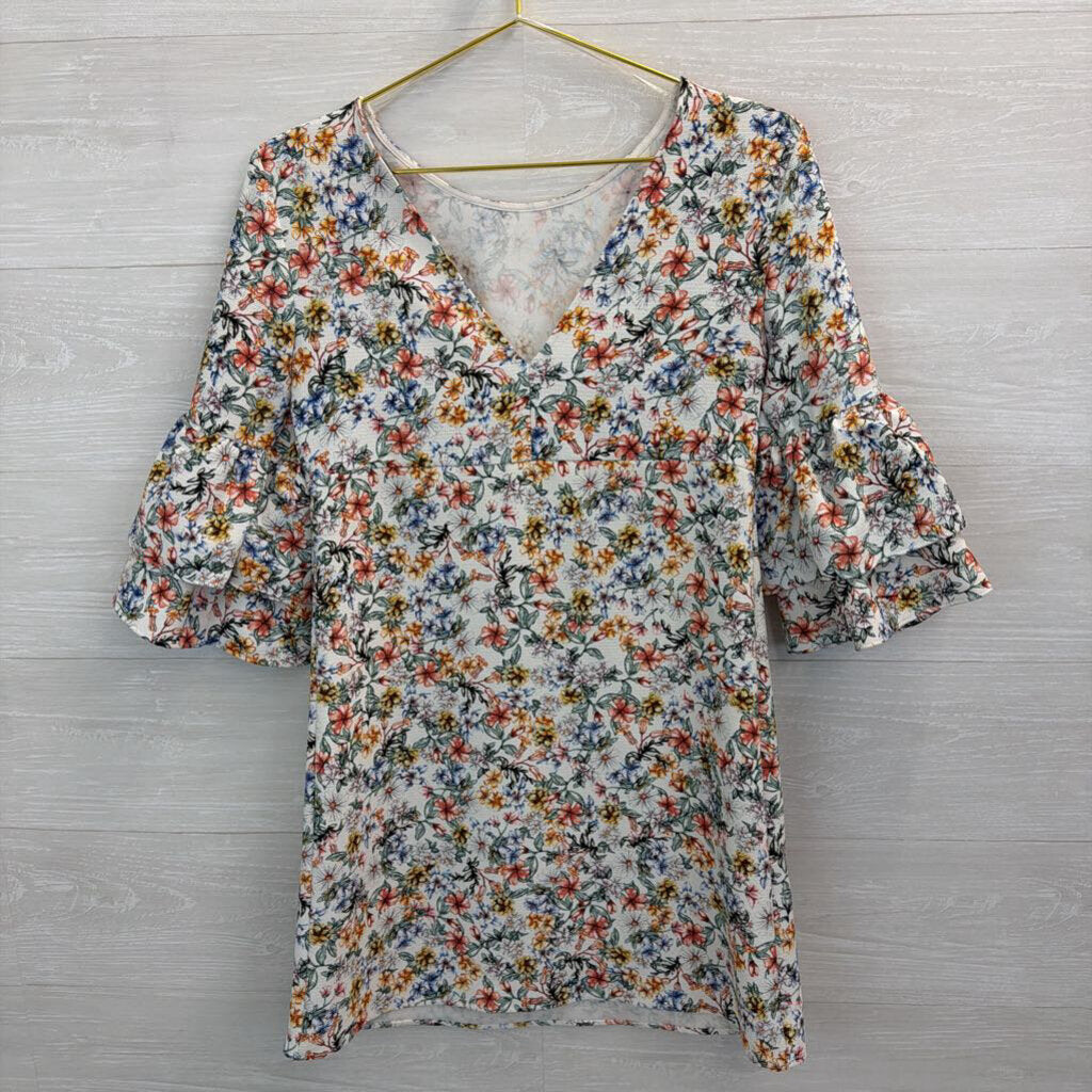 Zara White/ Multi Flower Print Bell Sleeve Dress Extra Small
