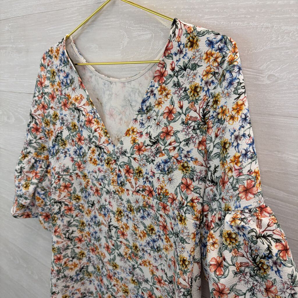 Zara White/ Multi Flower Print Bell Sleeve Dress Extra Small