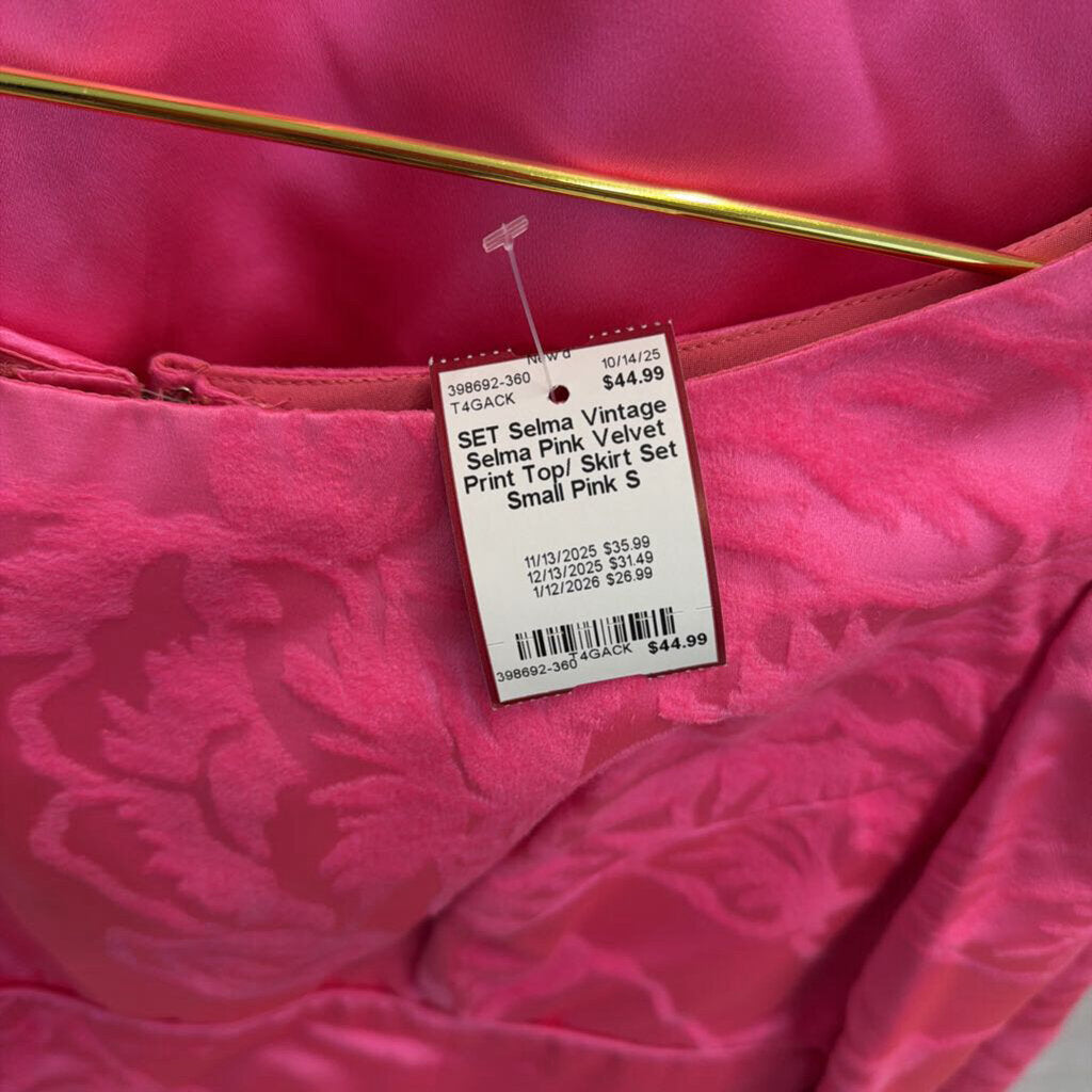 Vintage Selma Pink Velvet Print Top/ Skirt Set Small