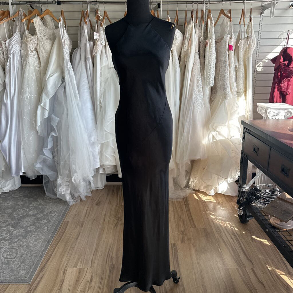 ABS Black Satin Slinky Highneck Long Formal Dress 4