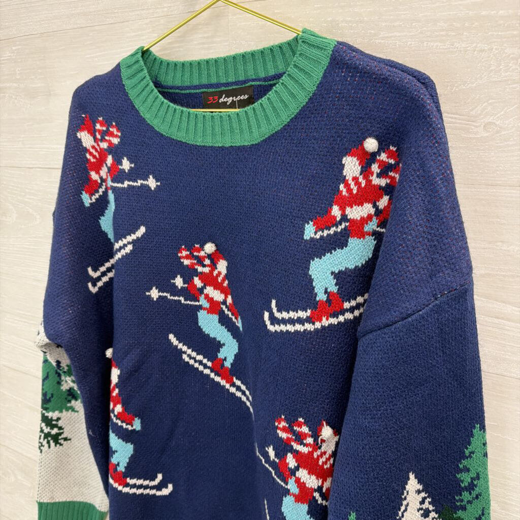 Christmas Skiing Green/Navy Sweater XL