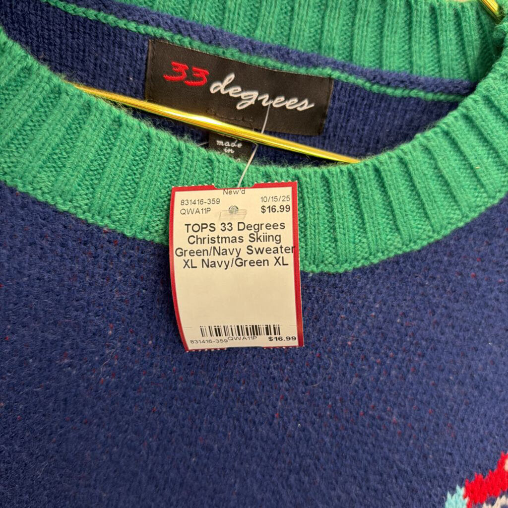 Christmas Skiing Green/Navy Sweater XL