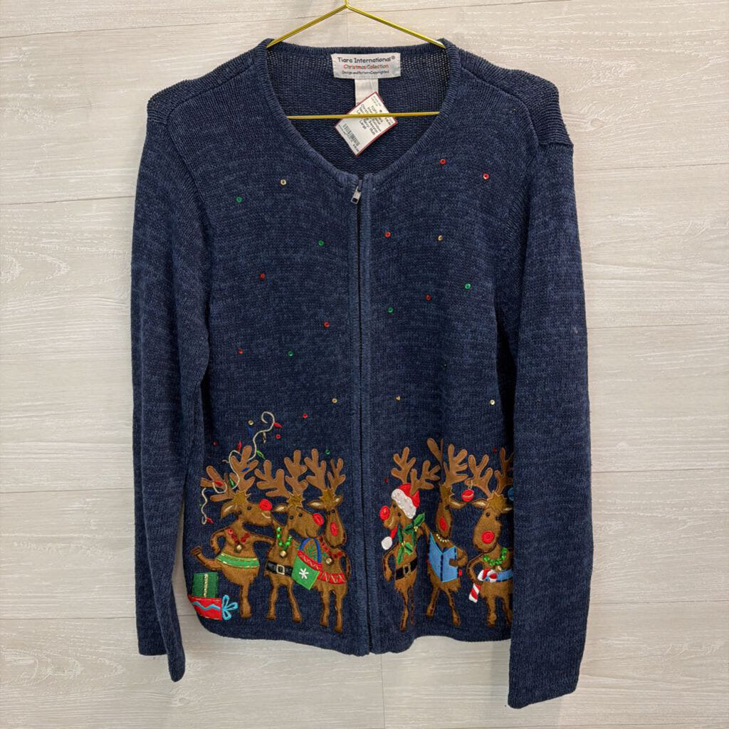 Christmas Reindeer Navy Zip Sweater Large