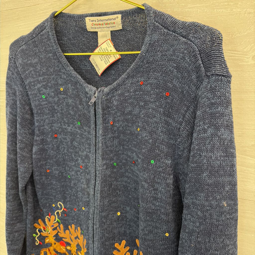 Christmas Reindeer Navy Zip Sweater Large