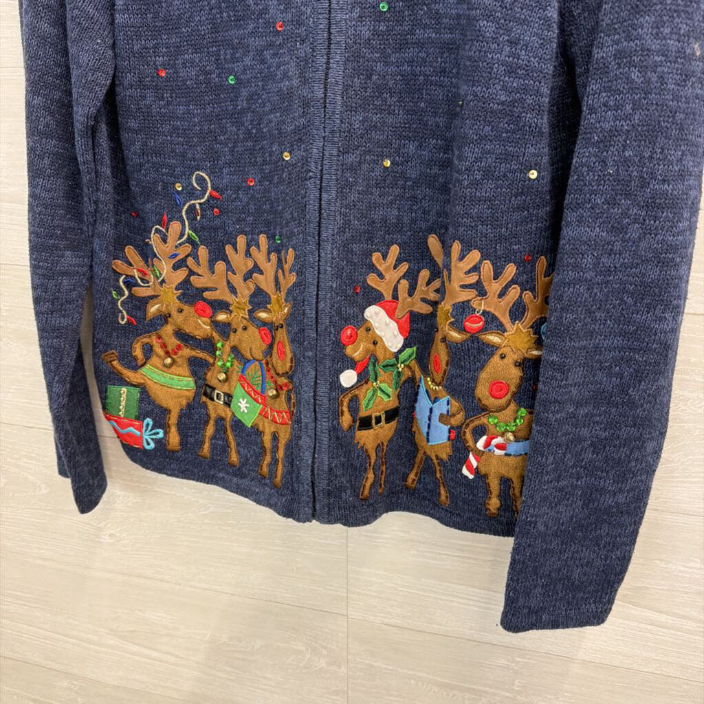 Christmas Reindeer Navy Zip Sweater Large