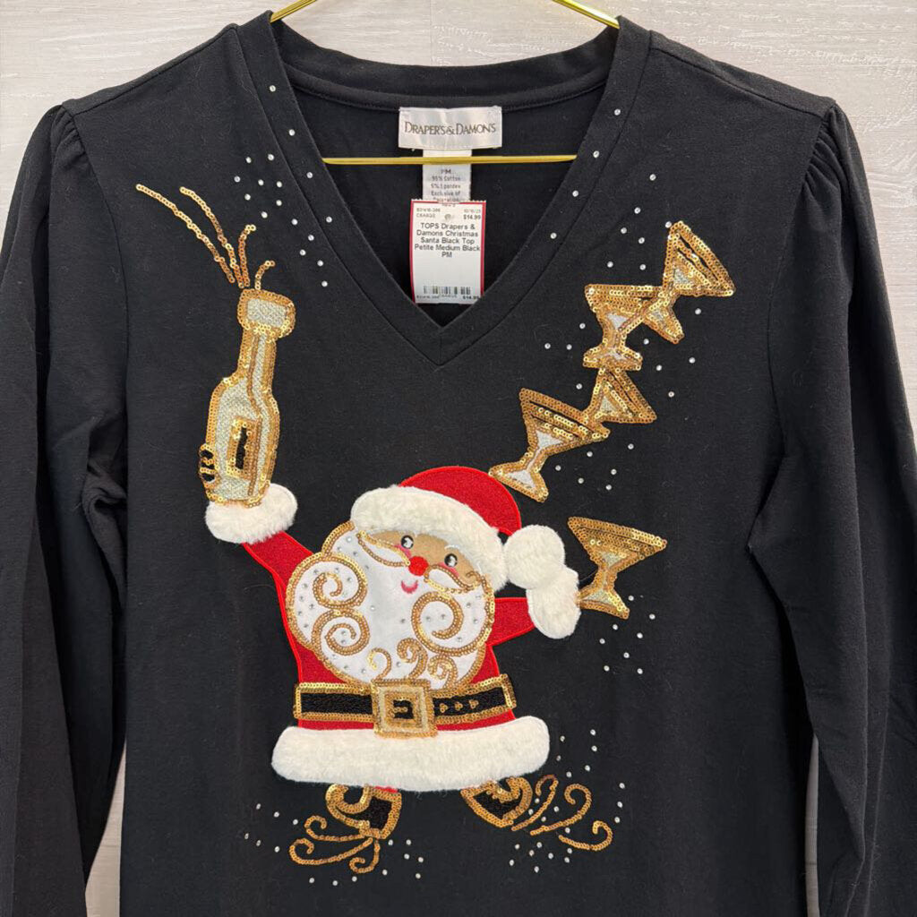Christmas Santa Black Top Petite Medium